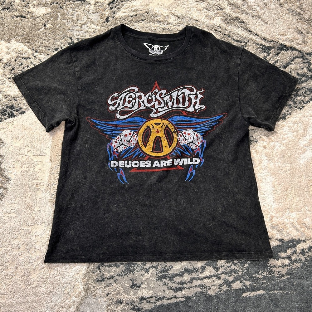 Aerosmith Deuces‎ are Wild T Shirt Men Small Black Graphic Y2K Band Acid Wash